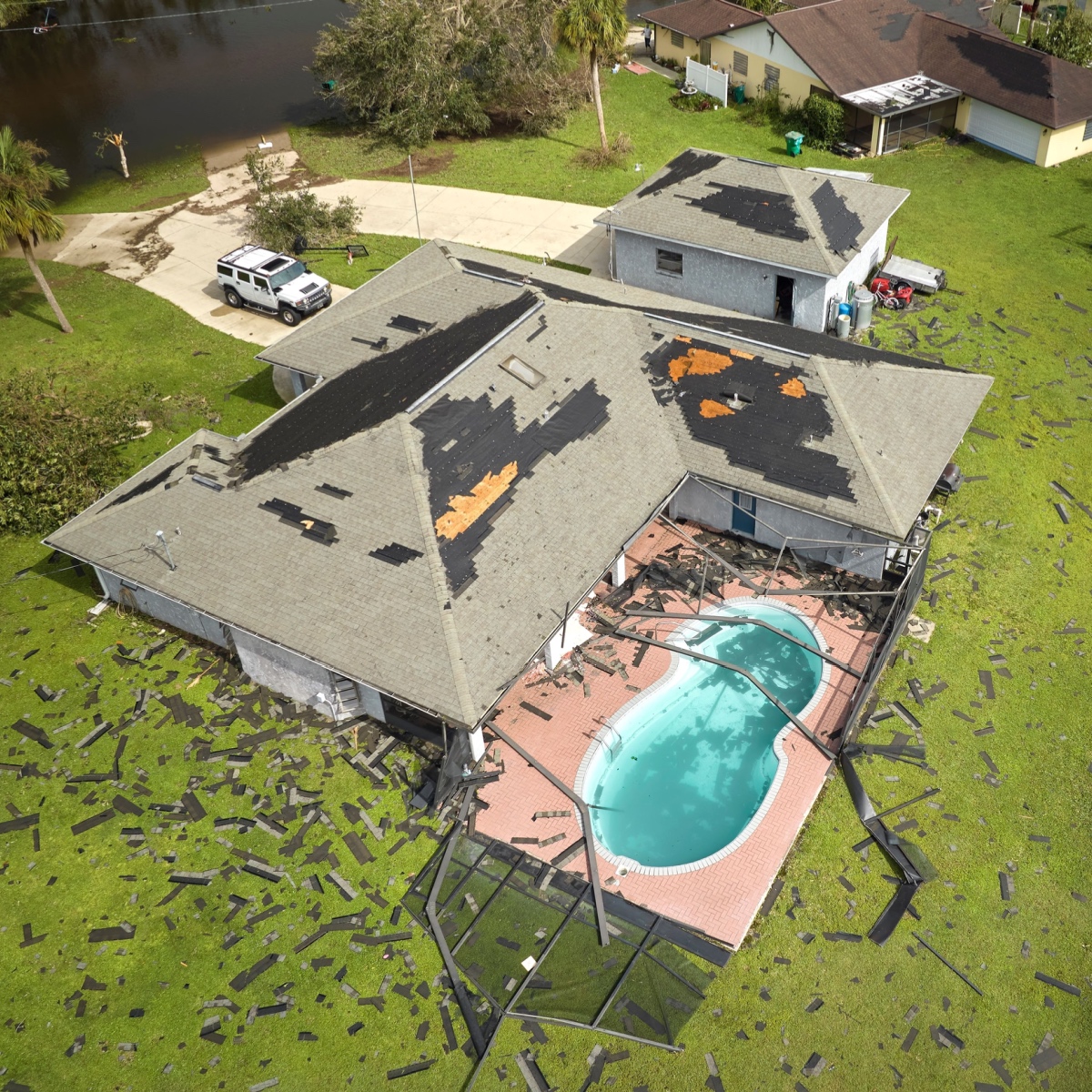 Storm damage that needs Cardiff Ranch roof replacement